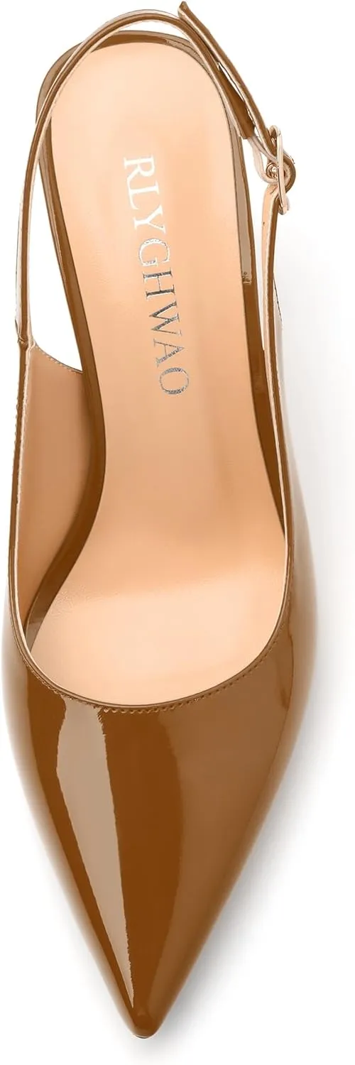 Women's Pumps, Pointed Toe High Heels, Slingback with Buckle, Fashion Solid Patent Pumps for Working Partying Wedding