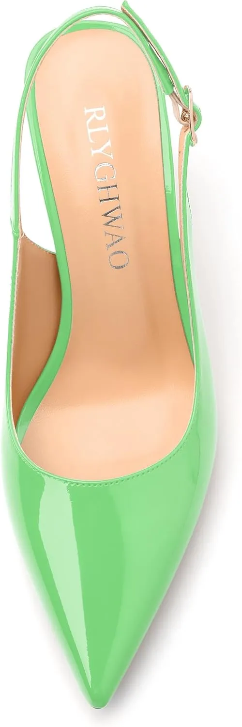 Women's Pumps, Pointed Toe High Heels, Slingback with Buckle, Fashion Solid Patent Pumps for Working Partying Wedding