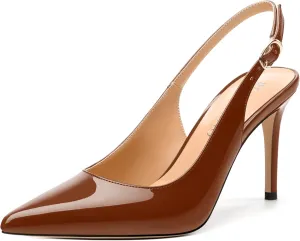 Women's Pumps, Slingback Pointed Toe Stiletto High Heels, Fashion Adjust Buckle Patent Shoes for Women 3.3 inch