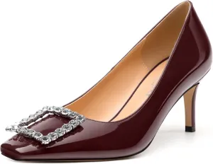 Womens Pumps, Small Square Toe Kitten Heels Pumps for Women, Rhinestone Square Buckle Decoration Daily Dress Pump Shoes 2.5"