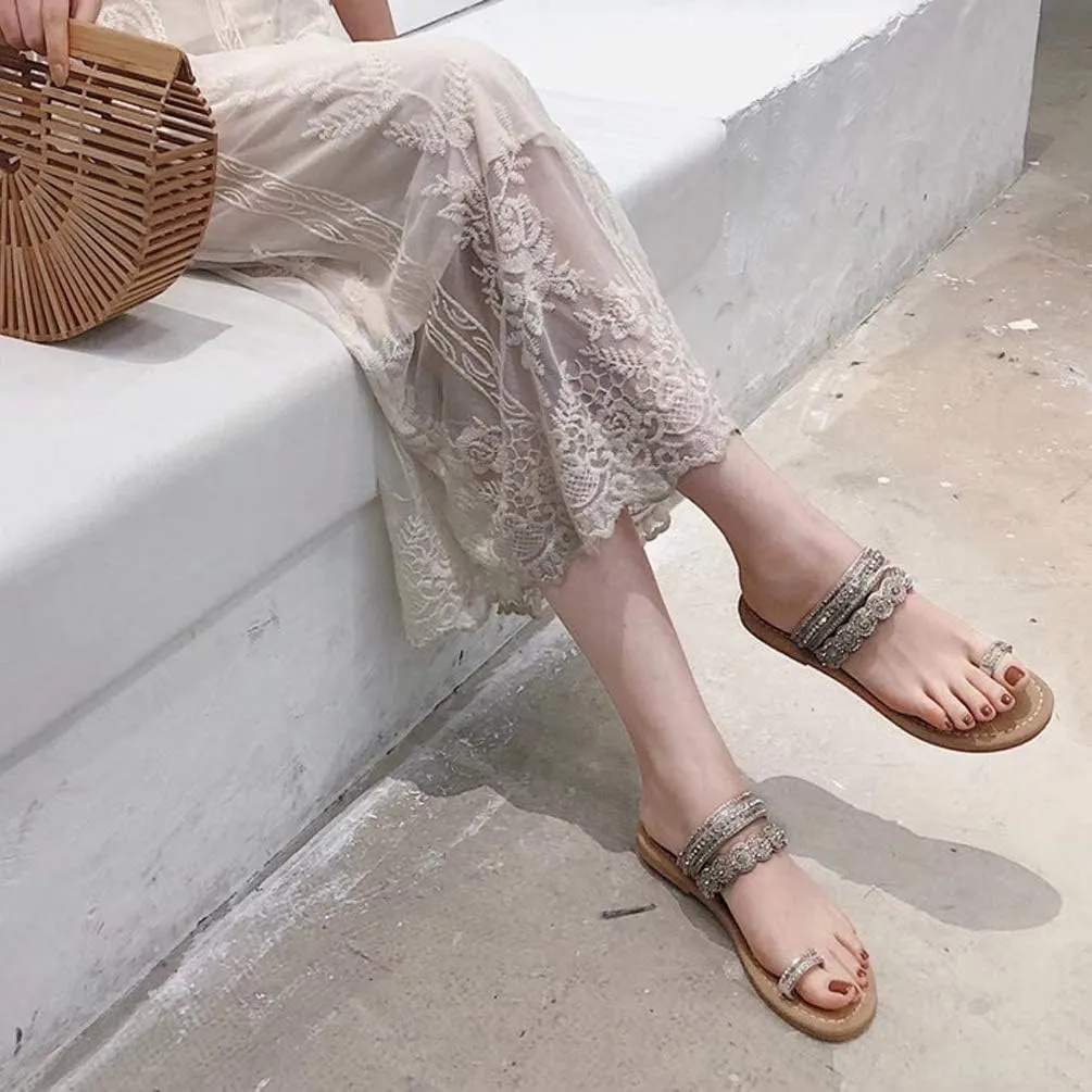 Women's Rhinestone Flat Sandals, Women Flip Flops with Clip Toe RingBeadeed Rhinestone Crystal Jeweled Sandal Shoes for Summer Beach Oceanside Holiday Outdoor