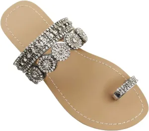 Women's Rhinestone Flat Sandals, Women Flip Flops with Clip Toe RingBeadeed Rhinestone Crystal Jeweled Sandal Shoes for Summer Beach Oceanside Holiday Outdoor