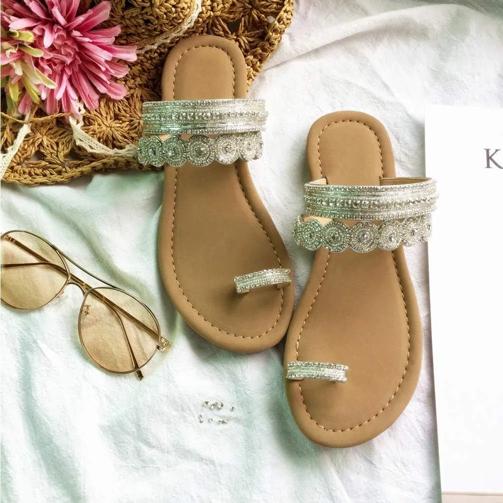 Women's Rhinestone Flat Sandals, Women Flip Flops with Clip Toe RingBeadeed Rhinestone Crystal Jeweled Sandal Shoes for Summer Beach Oceanside Holiday Outdoor