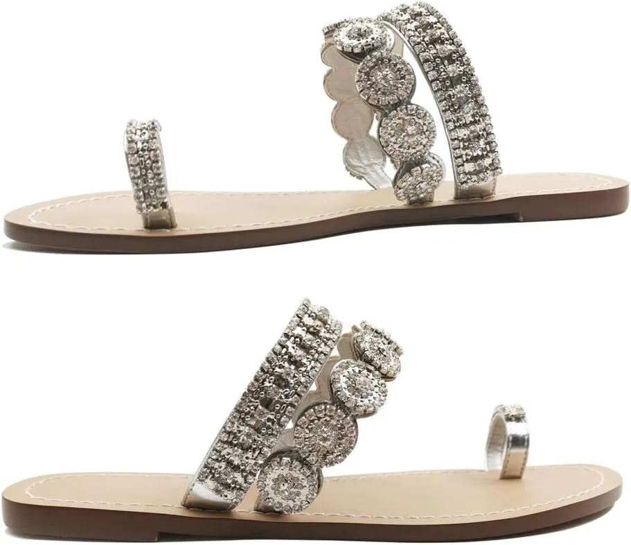 Women's Rhinestone Flat Sandals, Women Flip Flops with Clip Toe RingBeadeed Rhinestone Crystal Jeweled Sandal Shoes for Summer Beach Oceanside Holiday Outdoor
