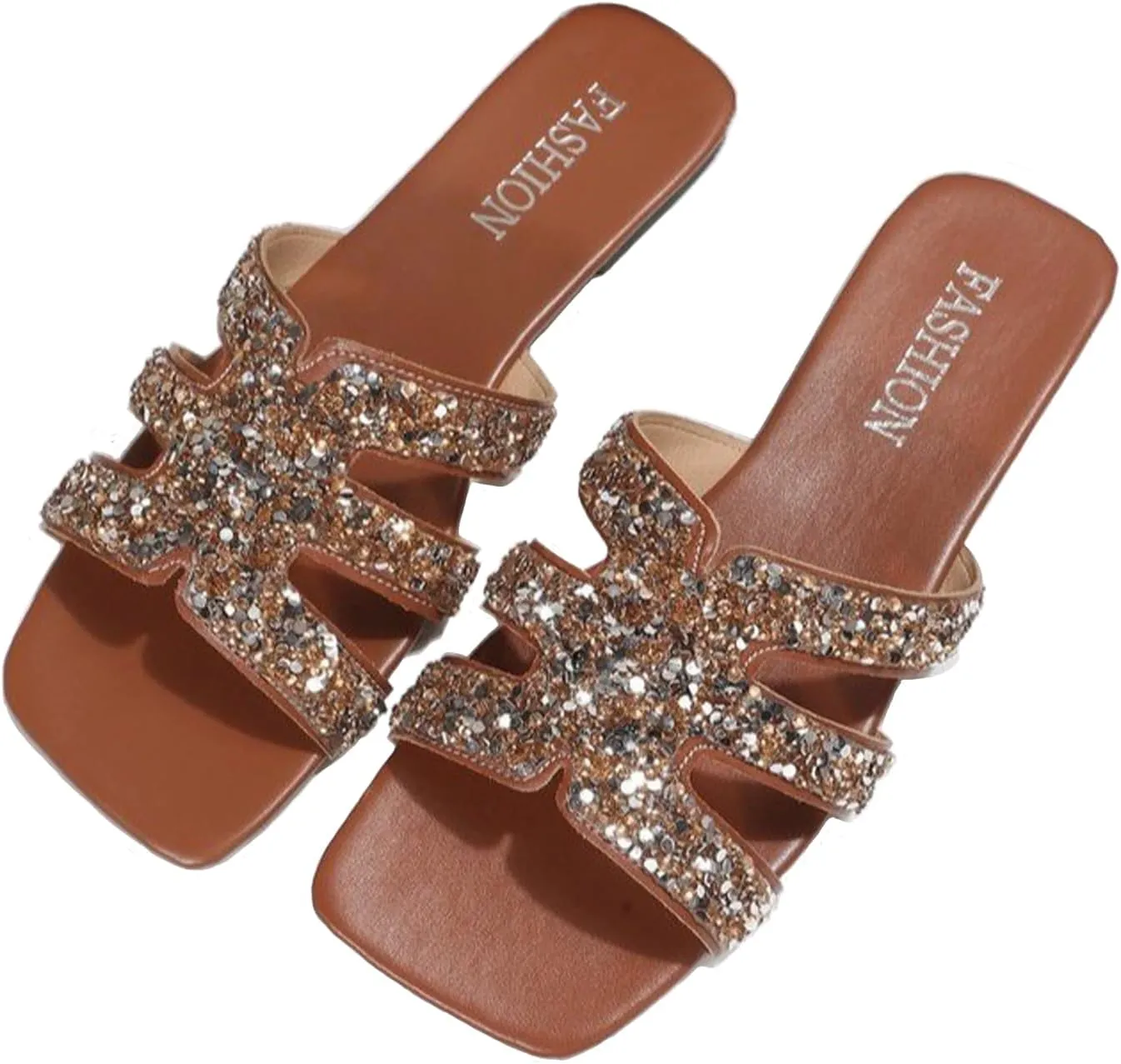 Women's Rhinestone Square Toe Flat Slides Fashion Glitter Open Toe Slip-On Dress Slide Sandals Summer Casual Soft Beach Walking Slides Sandals