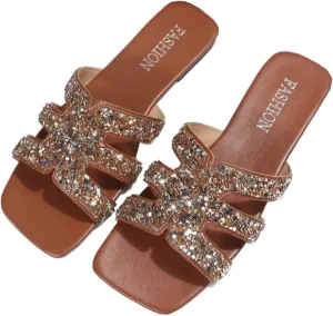 Women's Rhinestone Square Toe Flat Slides Fashion Glitter Open Toe Slip-On Dress Slide Sandals Summer Casual Soft Beach Walking Slides Sandals