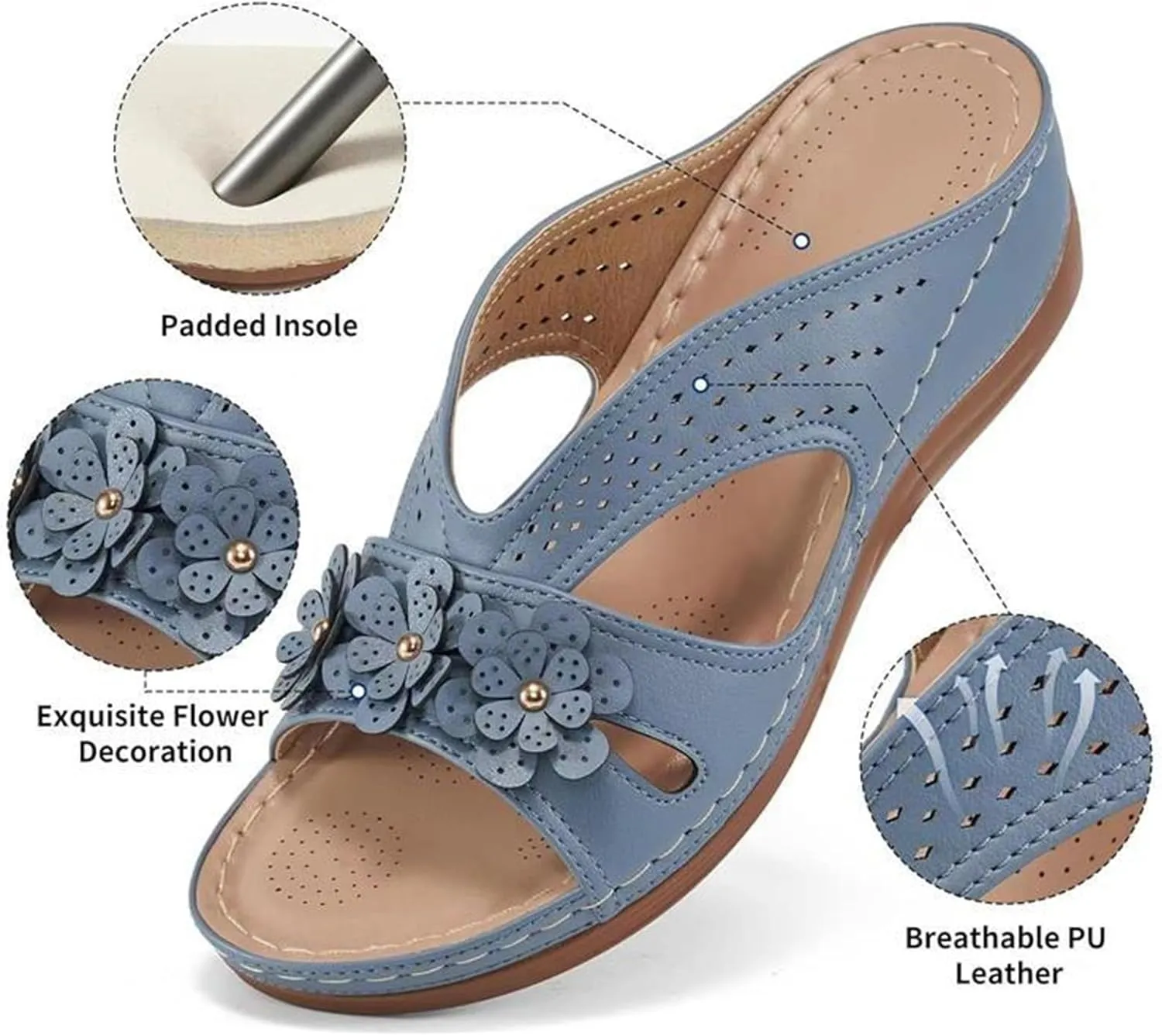 Womens Sandals Dressy Summer Hollow Out Orthopedic Sandals Casual Arch Support Slip On Low Heels Slippers