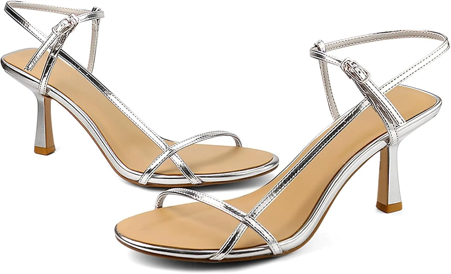 Women’s Sandals Kitten Heels Open Round Toe Thin Ankle Strap Adjustable Buckle Slingback Stiletto Heels Dressy Wedding Shoes