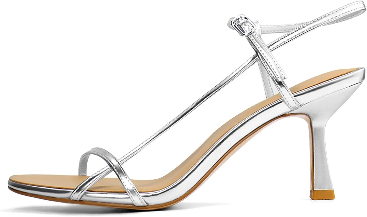 Women’s Sandals Kitten Heels Open Round Toe Thin Ankle Strap Adjustable Buckle Slingback Stiletto Heels Dressy Wedding Shoes
