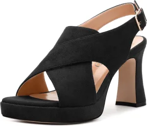 Womens Sandals Open Toe Platform Sandals Buckle Adjustable Strap Heeled Sandals Fashion Solid Suede High Heels