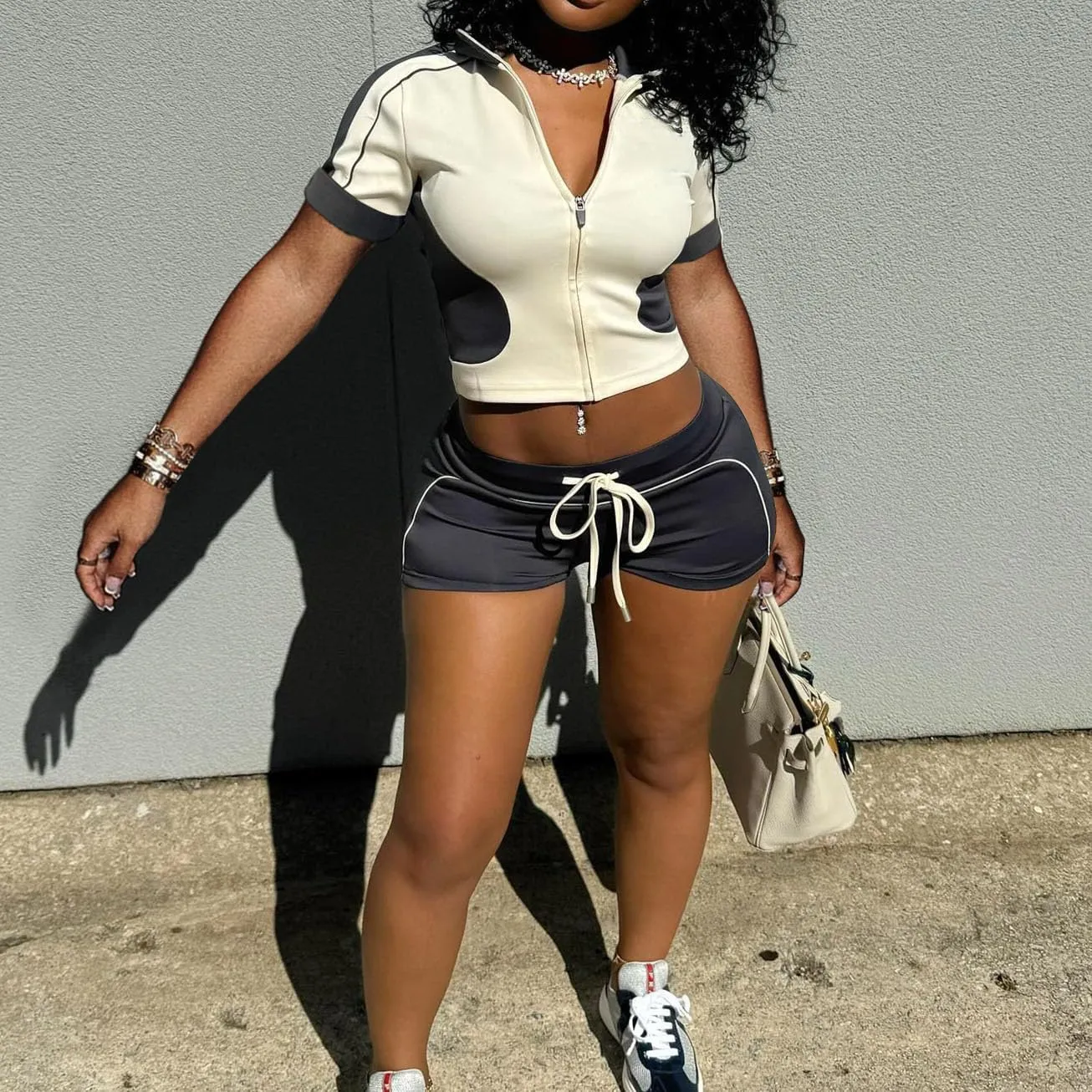 Women's Sexy Summer Sets Short Sleeve Crop Tops and High Waist Sports Shorts Tracksuit