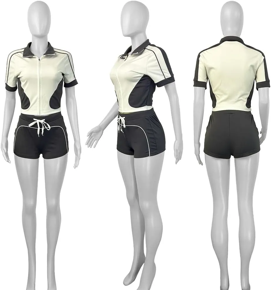 Women's Sexy Summer Sets Short Sleeve Crop Tops and High Waist Sports Shorts Tracksuit