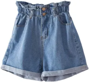 Women's Simple Classic All-Match Denim Shorts Women Ruffled High Waist Shorts