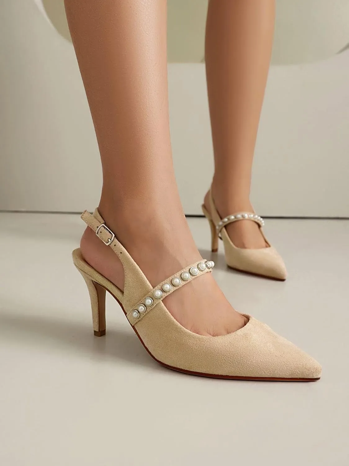 Women's Slingback Heels with Pearls Pointed Toe 3 Inch Stiletto Heels Suede Pumps Shoes