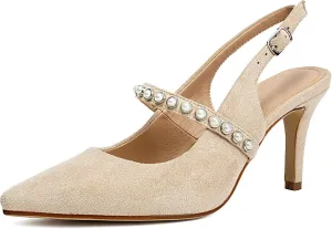 Women's Slingback Heels with Pearls Pointed Toe 3 Inch Stiletto Heels Suede Pumps Shoes