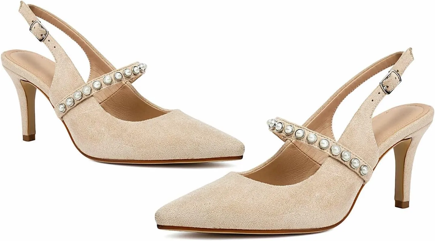 Women's Slingback Heels with Pearls Pointed Toe 3 Inch Stiletto Heels Suede Pumps Shoes