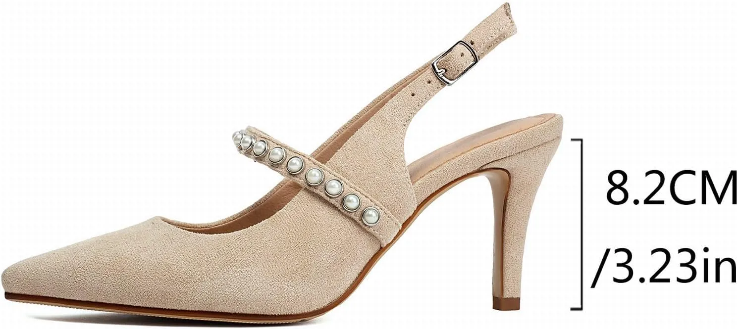 Women's Slingback Heels with Pearls Pointed Toe 3 Inch Stiletto Heels Suede Pumps Shoes