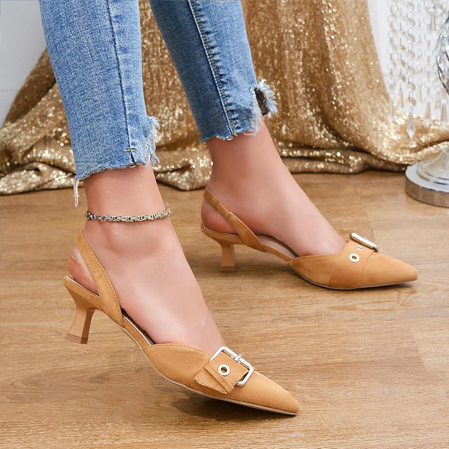 Women's Slingback Kitten Heels 2.3IN Pointed Toe Low Heel Pumps Buckle Closed Toe Formal Party Wedding Dress Pump Shoes