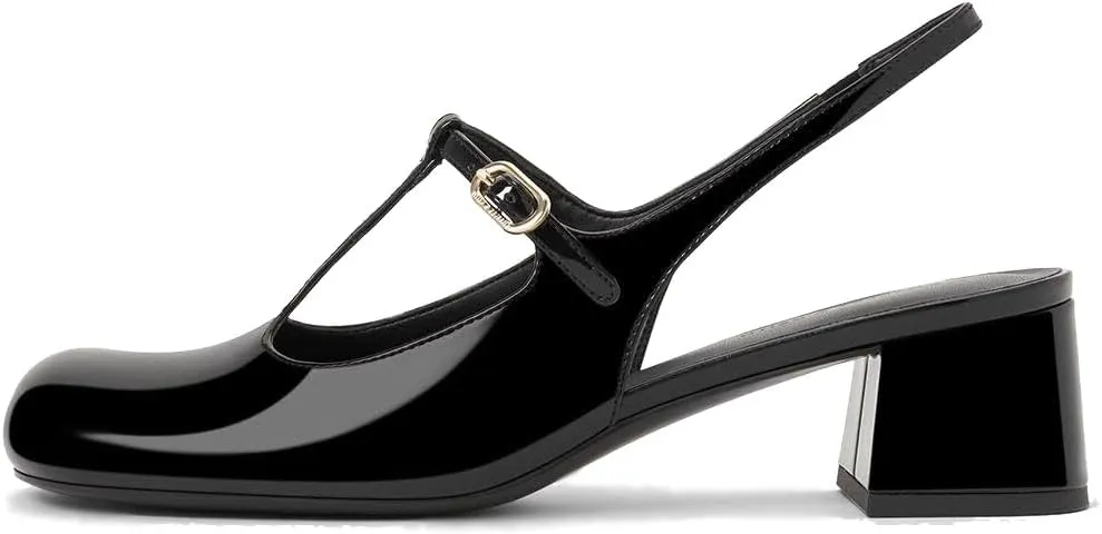 Women's Slingback Mary Jane Heels T-Straps Patent Leather Rounded Toe Chunky Heeled Classic Loafers