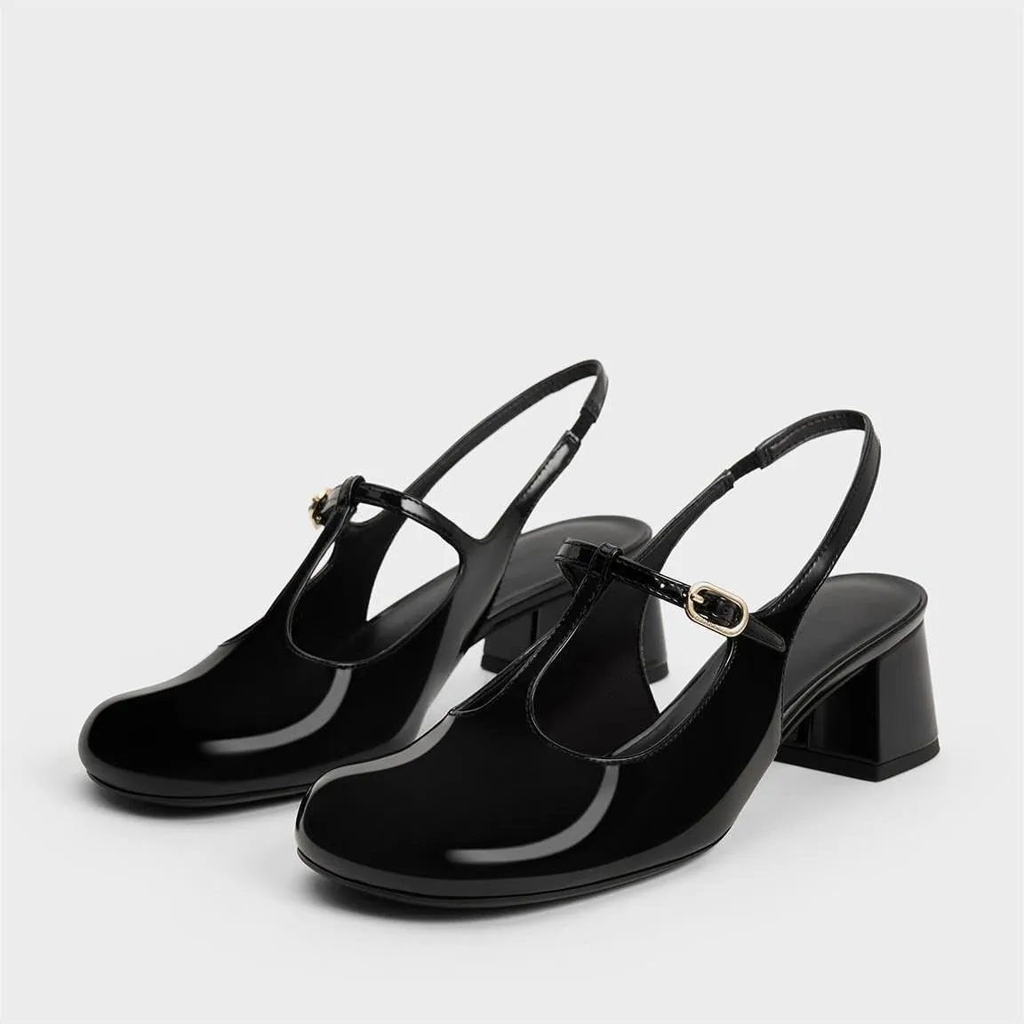 Women's Slingback Mary Jane Heels T-Straps Patent Leather Rounded Toe Chunky Heeled Classic Loafers