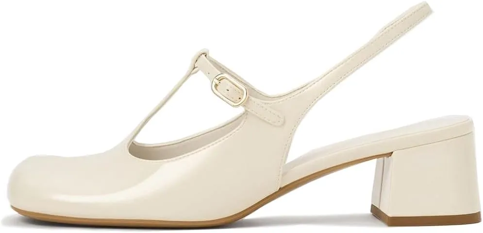 Women's Slingback Mary Jane Heels T-Straps Patent Leather Rounded Toe Chunky Heeled Classic Loafers