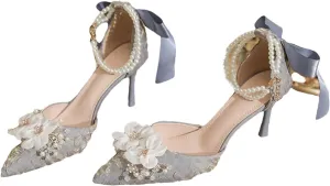 Women's Spring Summer Bridal Wedding Shoes, Pearl Buckle Sandals Bowknot Exquisite Flower Single Heels