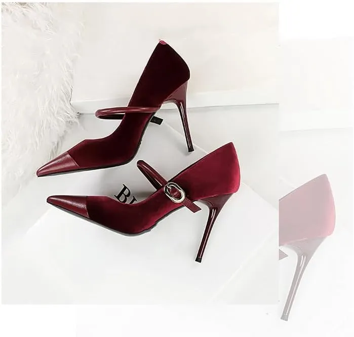 Women's Stiletto High Heel Pointed Toe Suede Ankle Strap Metal Buckle Sandals Party Wedding Dressy Heels Shoes (Red-2.75inch,10)