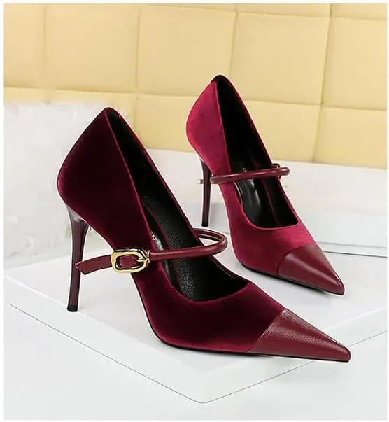 Women's Stiletto High Heel Pointed Toe Suede Ankle Strap Metal Buckle Sandals Party Wedding Dressy Heels Shoes (Red-2.75inch,10)