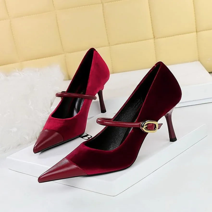 Women's Stiletto High Heel Pointed Toe Suede Ankle Strap Metal Buckle Sandals Party Wedding Dressy Heels Shoes (Red-2.75inch,10)