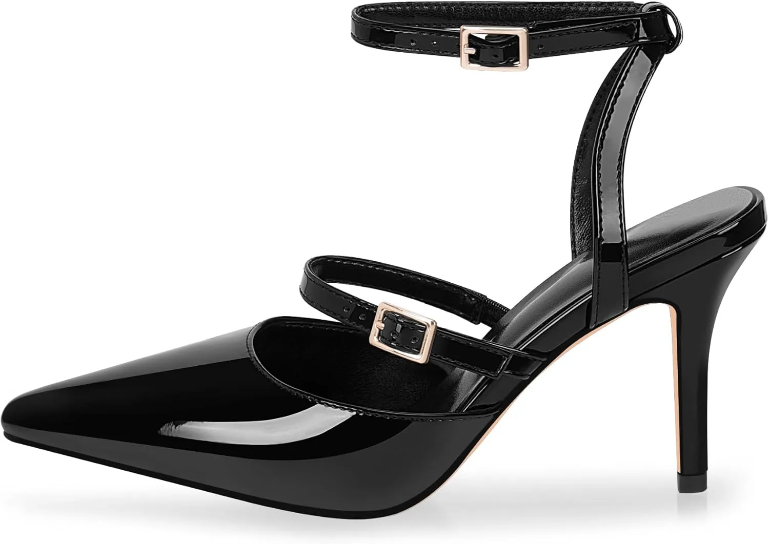 Women's Stiletto High Heel Sandals Black Pointed Toe Double Buckle Strap 3.35 Inches
