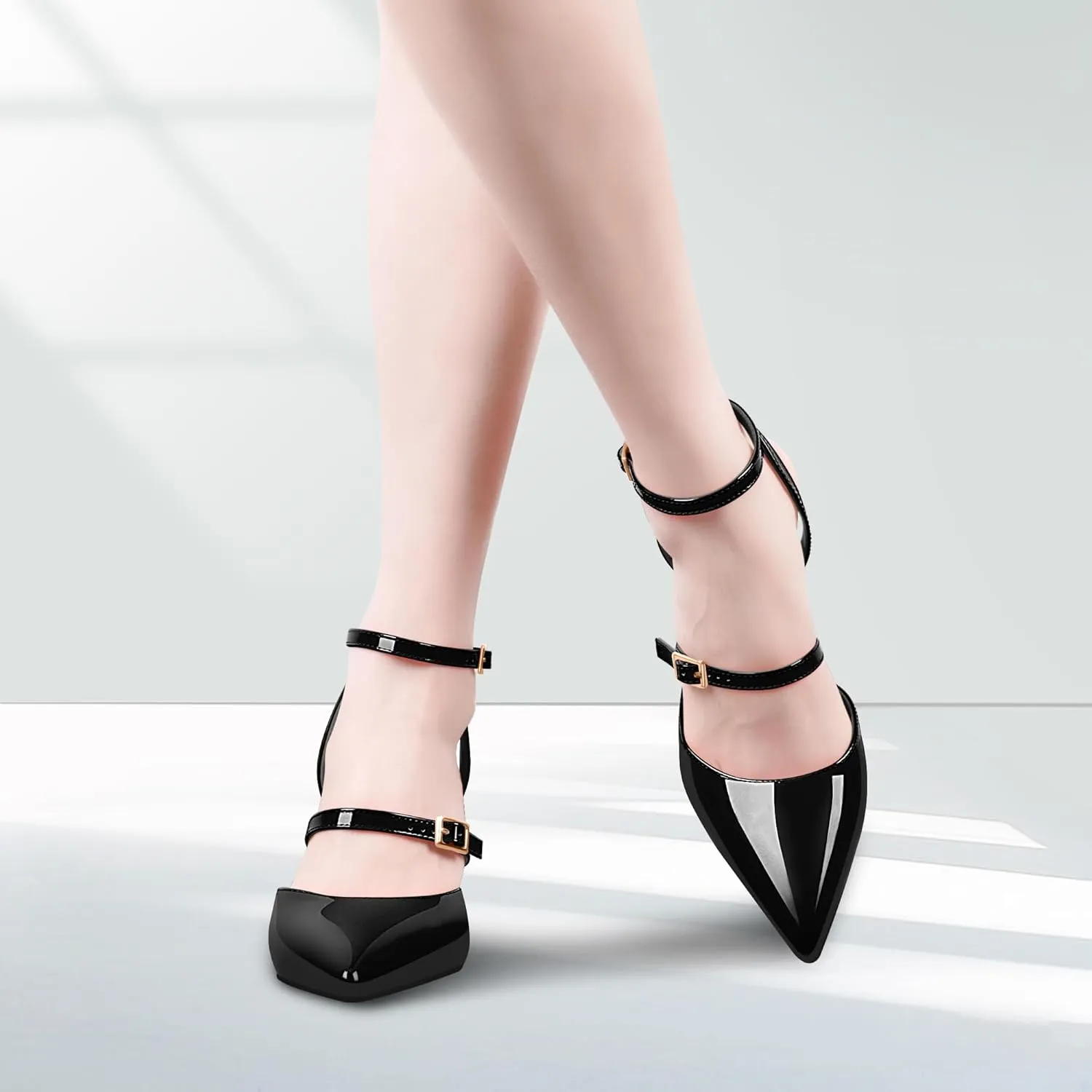 Women's Stiletto High Heel Sandals Black Pointed Toe Double Buckle Strap 3.35 Inches