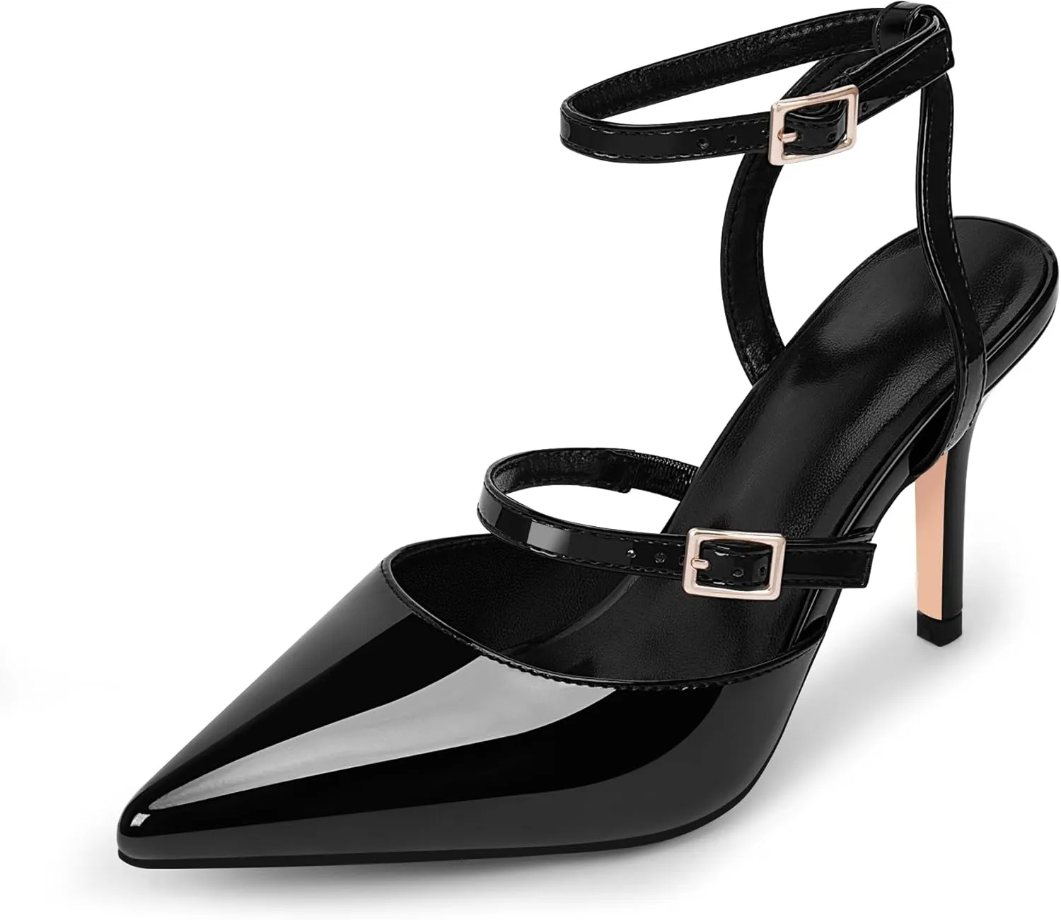 Women's Stiletto High Heel Sandals Black Pointed Toe Double Buckle Strap 3.35 Inches