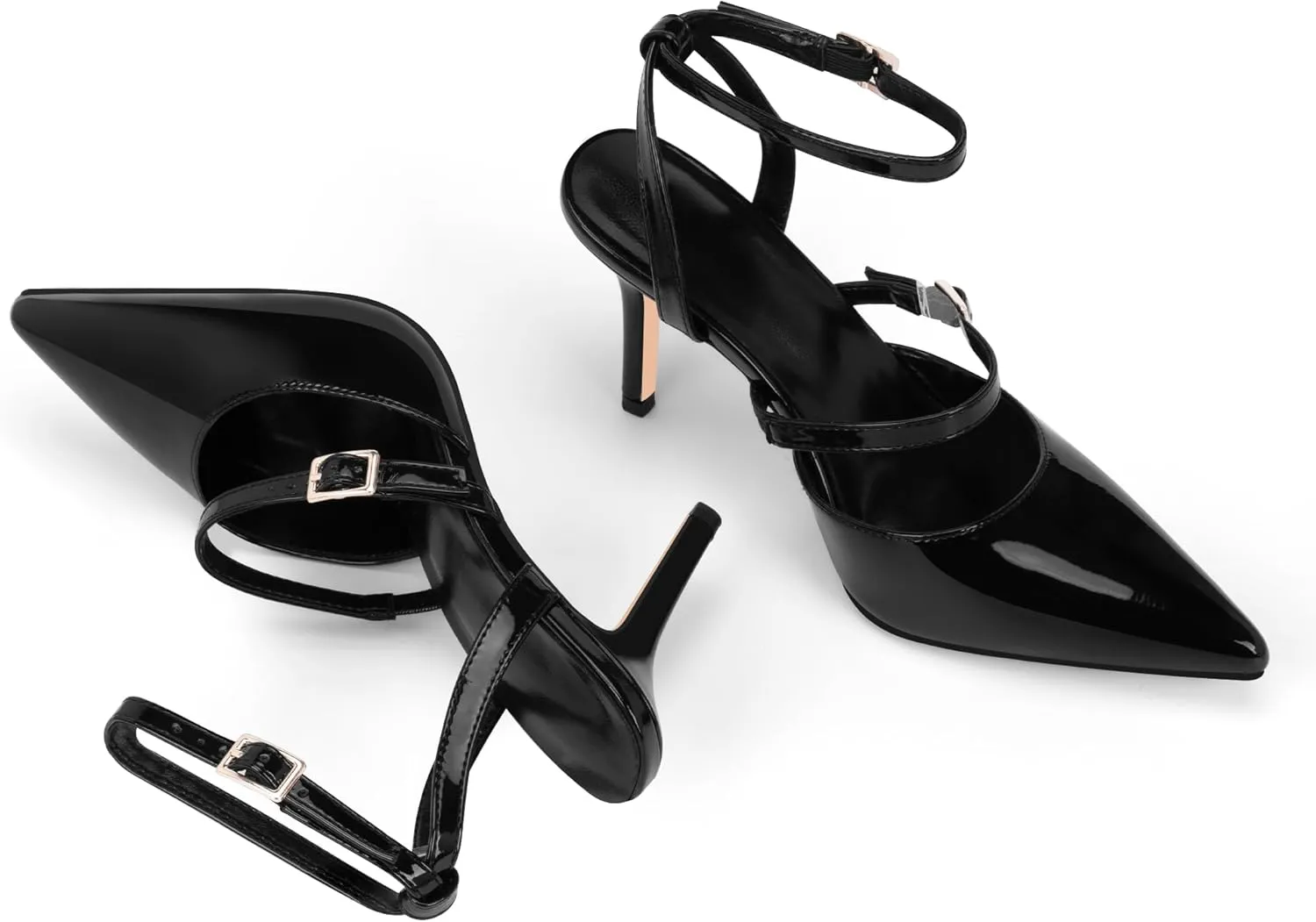 Women's Stiletto High Heel Sandals Black Pointed Toe Double Buckle Strap 3.35 Inches