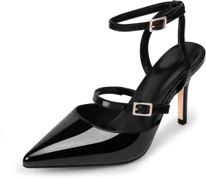 Women's Stiletto High Heel Sandals Black Pointed Toe Double Buckle Strap 3.35 Inches