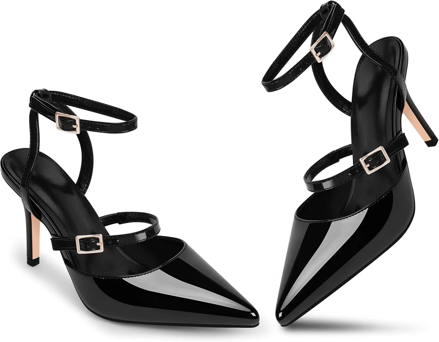 Women's Stiletto High Heel Sandals Black Pointed Toe Double Buckle Strap 3.35 Inches