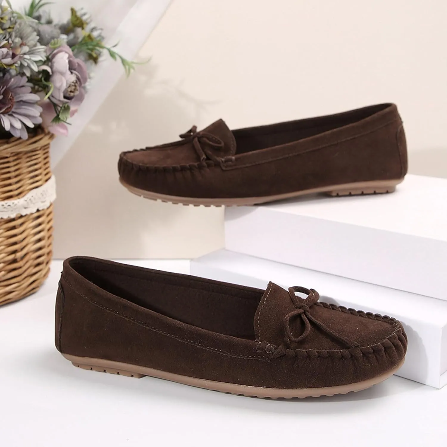 Women's Suede Casual Penny Loafers Vintage Ladies Moccasins Driving Shoes Comfort Slip-On Fashion Boat Classic Flats
