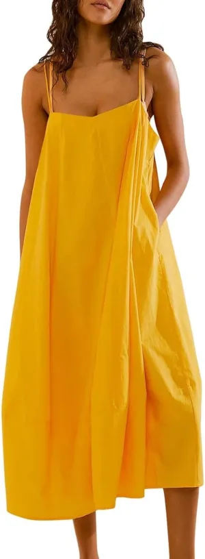 Womens Summer Dresses Sleeveless Spaghetti Strap Lounge Dress Flowy A-Line Midi Dress