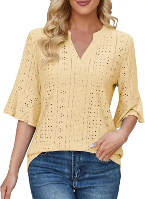 Womens Summer Eyelet Tops 3/4 Sleeve V Neck T Shirts Dressy Casual Blouses Business Work Teess Loose Fit Tshirts