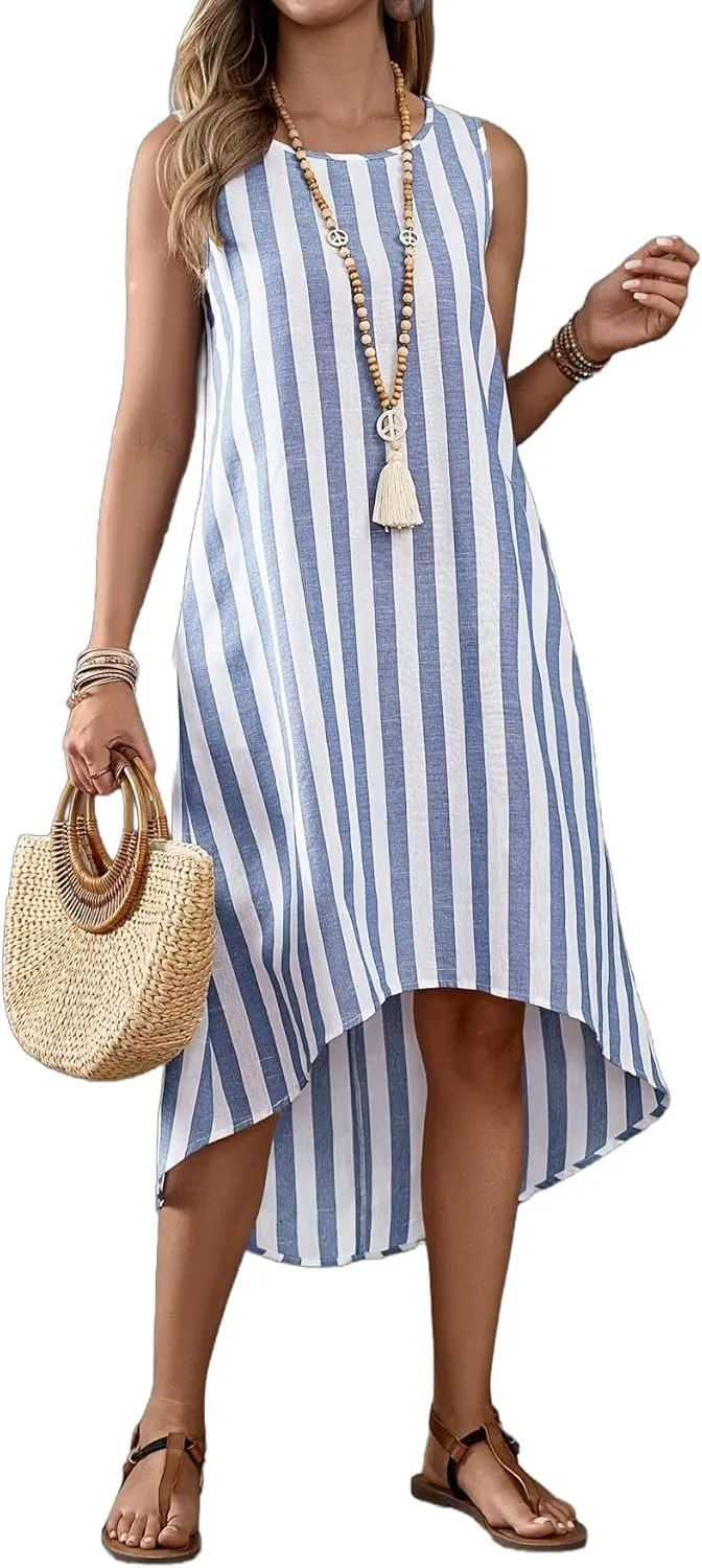 Women's Summer Fresh and Fashionable Round Neck Striped Casual Dress with Irregular Hem and Sleeveless Vest Skirt