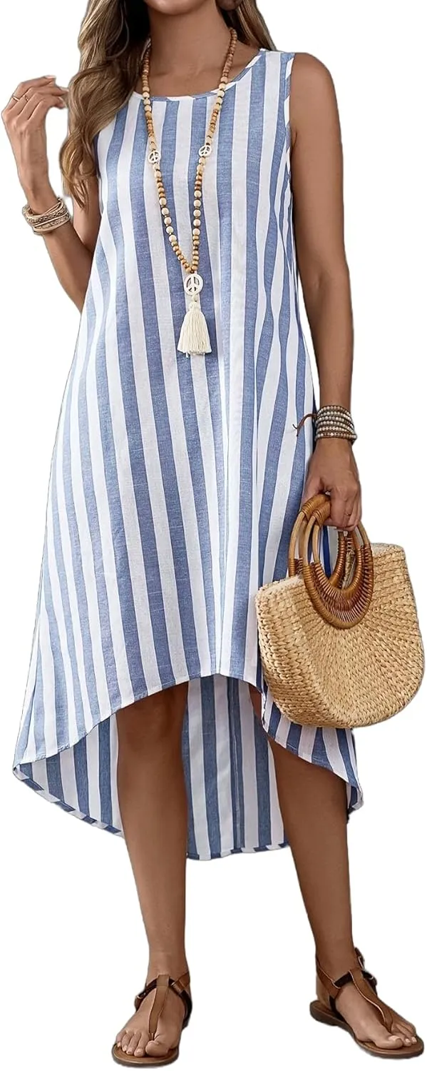 Women's Summer Fresh and Fashionable Round Neck Striped Casual Dress with Irregular Hem and Sleeveless Vest Skirt