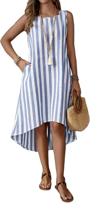 Women's Summer Fresh and Fashionable Round Neck Striped Casual Dress with Irregular Hem and Sleeveless Vest Skirt