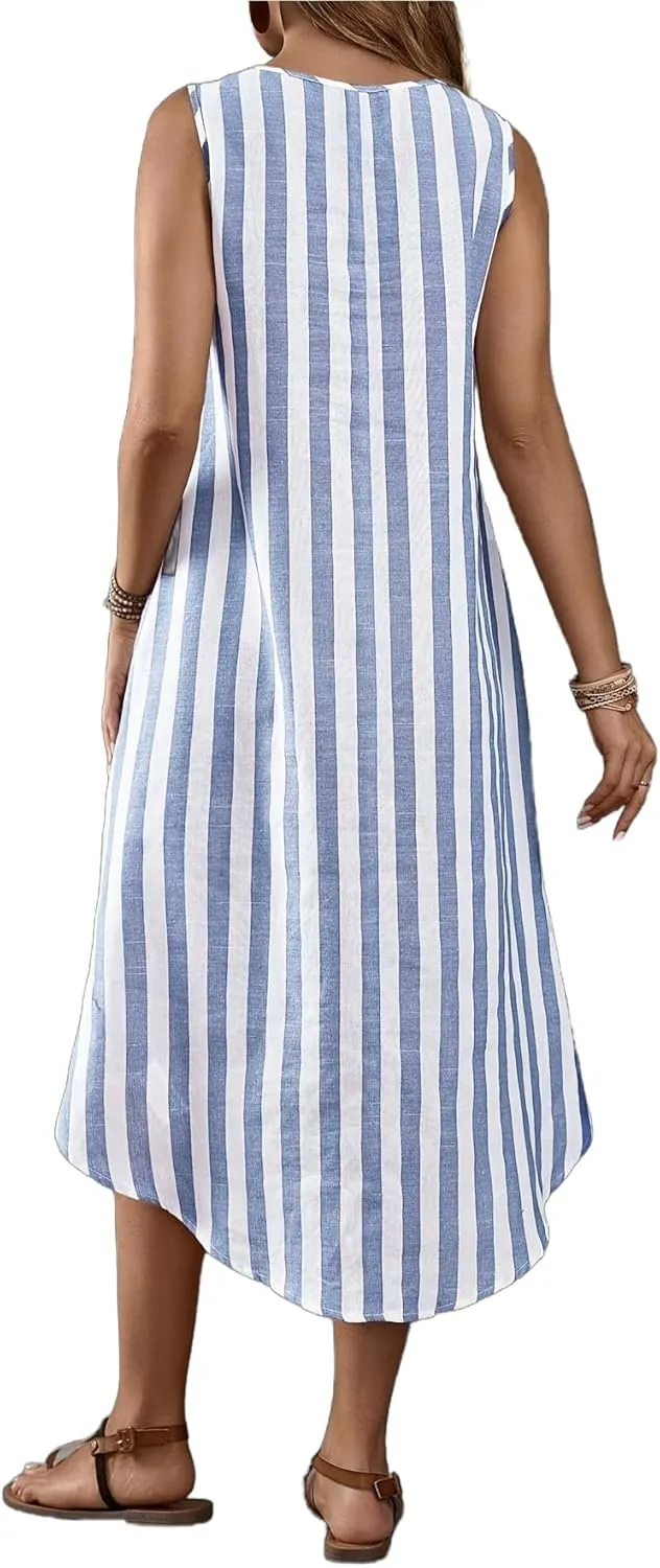 Women's Summer Fresh and Fashionable Round Neck Striped Casual Dress with Irregular Hem and Sleeveless Vest Skirt