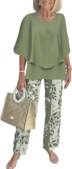 Womens Summer Green 3/4 Sleeve V Neck Printed Casual Trousers Two Piece Commuting Daily Suit