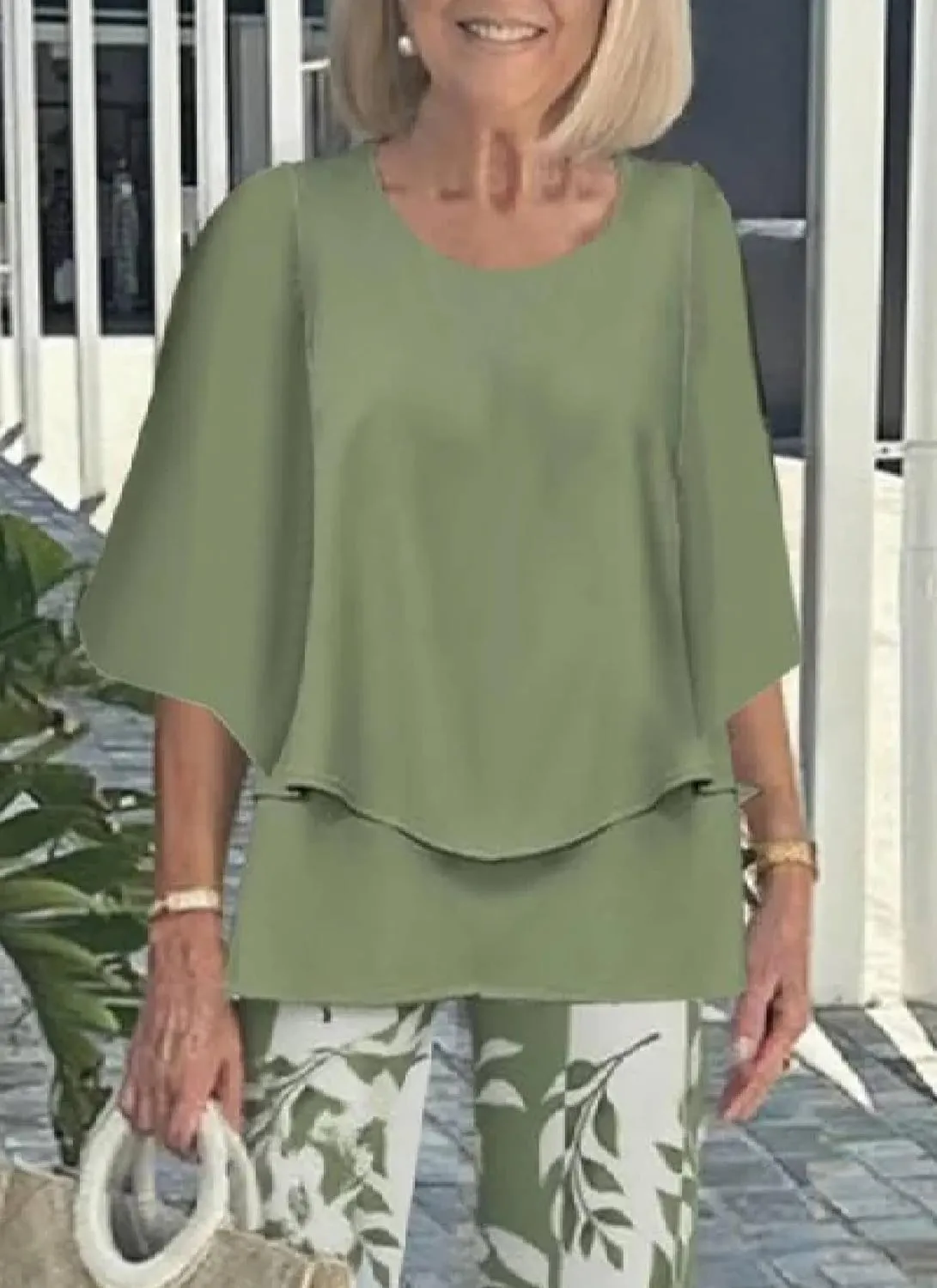 Womens Summer Green 3/4 Sleeve V Neck Printed Casual Trousers Two Piece Commuting Daily Suit
