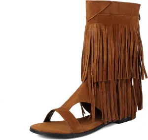 Womens Summer Tassel Mid Calf Boots Flat Roman Gladiator Sandals US3-US13.5