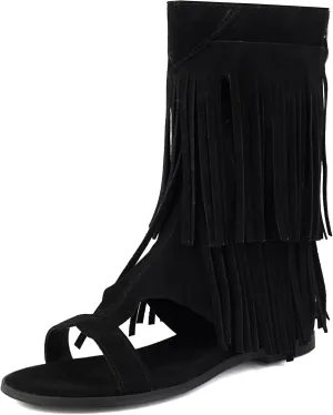Womens Summer Tassel Mid Calf Boots Flat Roman Gladiator Sandals US3-US13.5