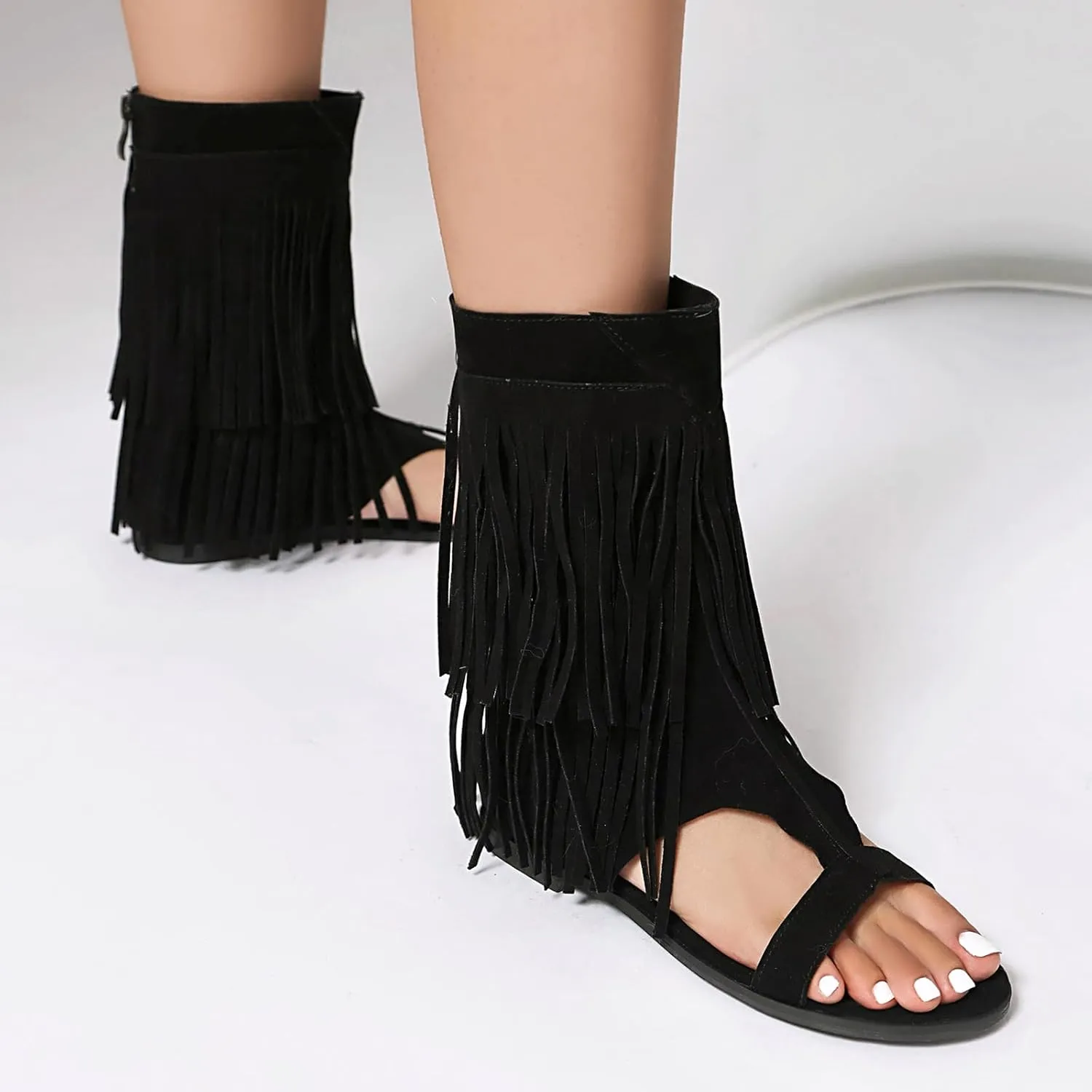 Womens Summer Tassel Mid Calf Boots Flat Roman Gladiator Sandals US3-US13.5