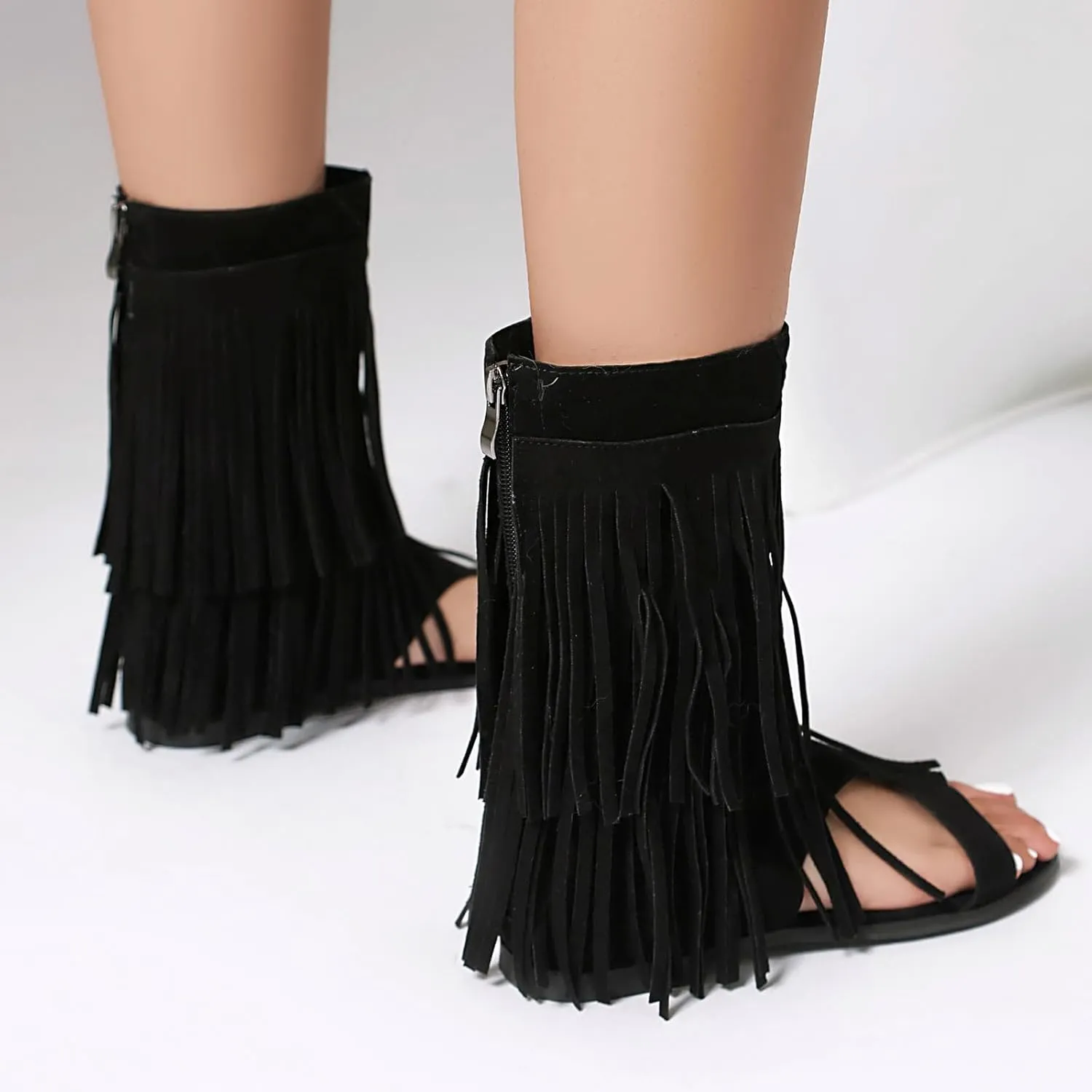 Womens Summer Tassel Mid Calf Boots Flat Roman Gladiator Sandals US3-US13.5