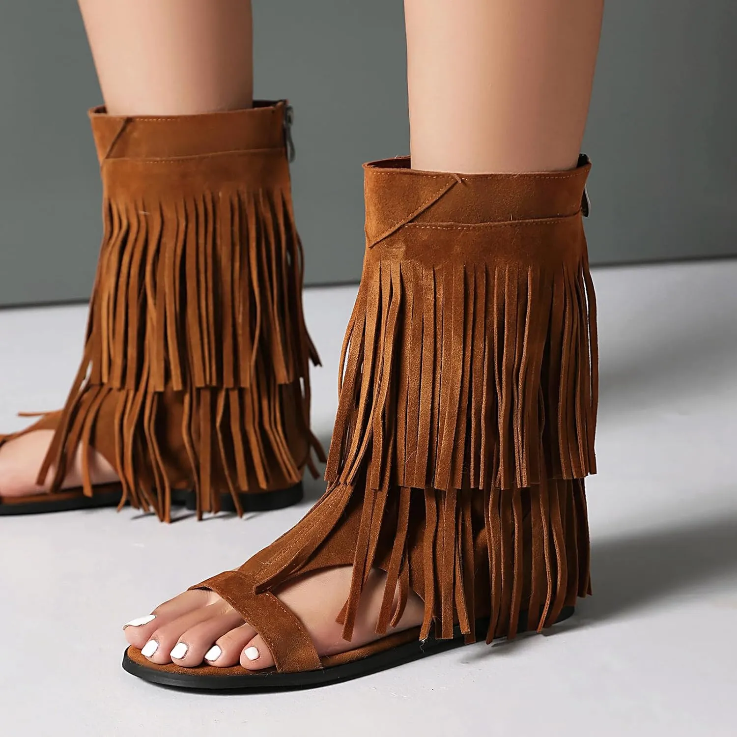 Womens Summer Tassel Mid Calf Boots Flat Roman Gladiator Sandals US3-US13.5