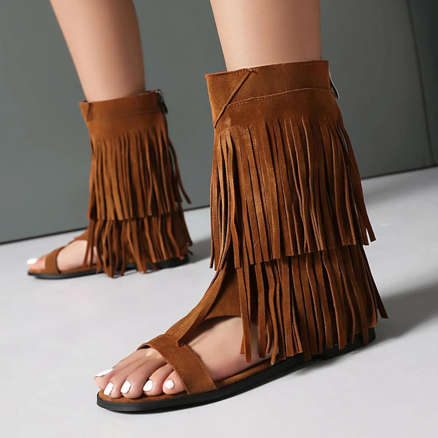 Womens Summer Tassel Mid Calf Boots Flat Roman Gladiator Sandals US3-US13.5